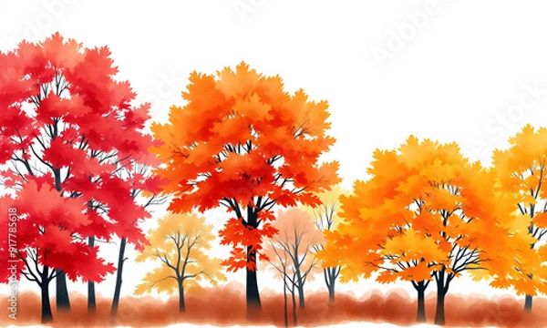 Fototapeta Horizontal banner of vibrant autumn trees in watercolor style