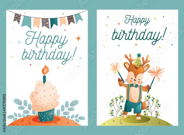 Obraz Childrens cute greeting card. Set of birthday cards with a festive cupcake and a funny animal character. Vector.