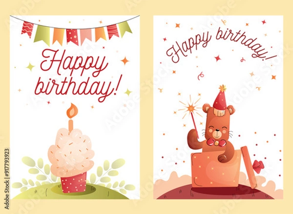 Obraz Childrens cute greeting card. Birthday card set with cupcake and bear in a festive box. Vector.