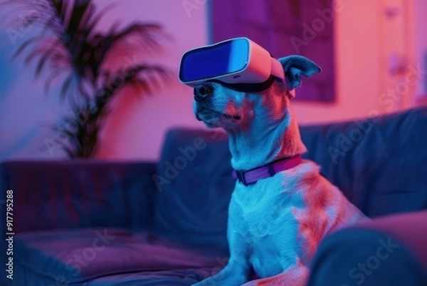 Fototapeta A dog wearing virtual reality glasses sits on a sofa in a blue and purple room. Copy spase