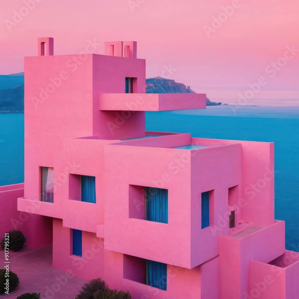 Obraz Close Up Of Coastal Homes. Beautiful Postmodern Buildings. Fantastic Pink Walls Of Buildings In Sunset Lighting.
