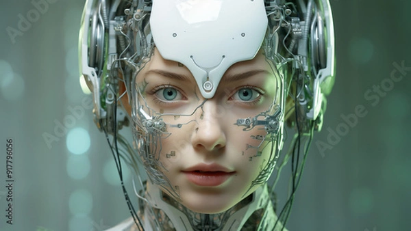 Fototapeta a 3d rendered image showing a digital person with two eyes and a smile, in the style of light silver and light green, meticulous linework precision, womancore, hyper-realistic, textural surface treatm