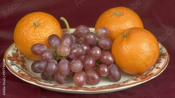 Fototapeta   Oranges and grapes placed atop a red tablecloth with a red backdrop