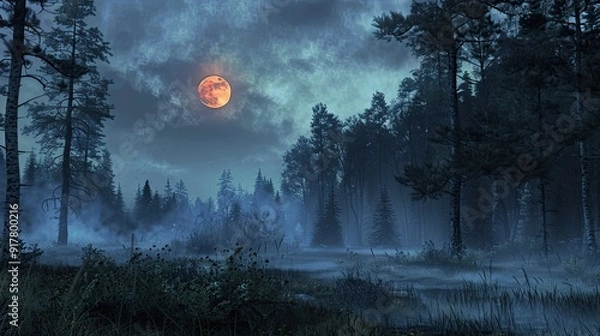 Fototapeta A gothic forest at twilight, with ominous clouds and a haunting full moon