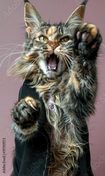 Obraz A fluffy cat with its mouth open and claws out. AI.