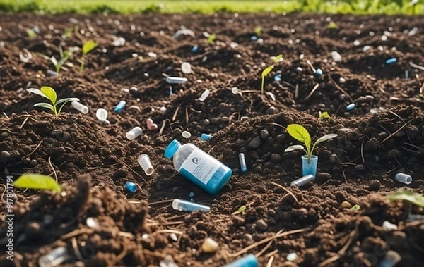 Fototapeta Microplastics Contaminating Soil – Concept of Global Warming and Climate Change with Non-Recyclable Plastic Pollution in Agricultural Field.