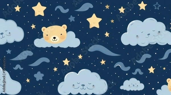 Fototapeta Illustration of a cute teddy bear, with a blue background and clouds and stars.