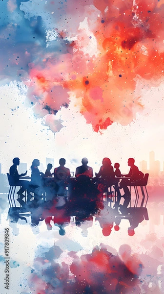 Fototapeta Creative business team using watercolor strategy maps and tablets in a dreamy setting. Ideal for illustrating creativity and strategic planning in business. Photo Stock Concept.