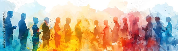 Obraz Watercolor team meetings with tablets in whimsical setting, ideal for creative business discussions. Photo Stock Concept.