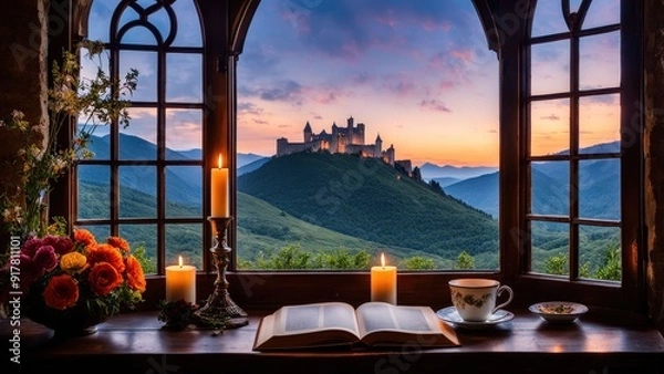 Fototapeta Castle view, cozy room, magical night sky, sunset, introspection, melancholy, isolation, candlelight, flowers, steaming tea, vivid colors, ultra-HD, realism, historical, abstraction