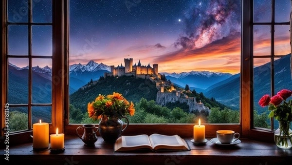 Fototapeta Castle view, cozy room, magical night sky, sunset, introspection, melancholy, isolation, candlelight, flowers, steaming tea, vivid colors, ultra-HD, realism, historical, abstraction