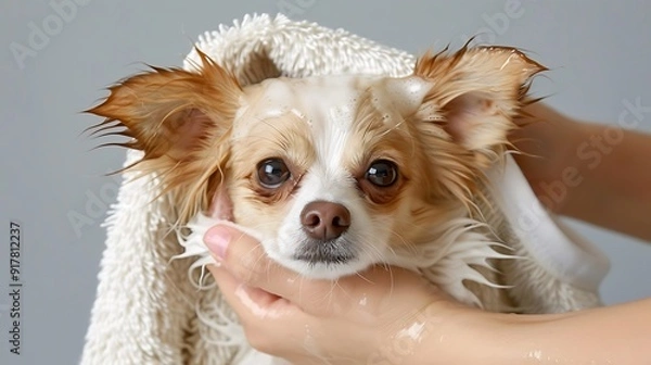 Fototapeta Chihuahua Being Gently Dried With A Fluffy Towel After Bath