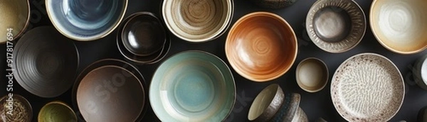 Fototapeta Collection of various ceramic bowls in different colors and patterns.