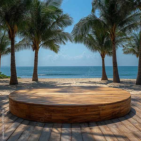 Fototapeta wooden circle podium on a beach with palm trees in the background for product presentation