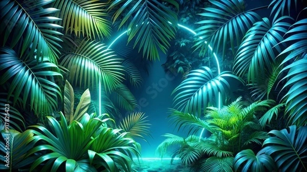 Fototapeta Luminous Green and Blue Neon Glow with Detailed Tropical Leaves