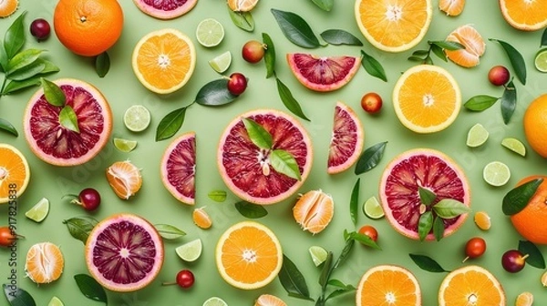 Fototapeta   Oranges, grapefruits, limes, and cranberries are arranged on a green surface