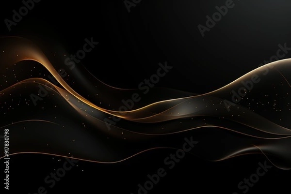 Fototapeta Abstract black background with golden wavy lines and glowing particles.