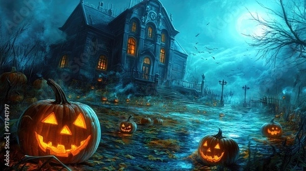 Fototapeta Halloween background with pumpkins and haunted house