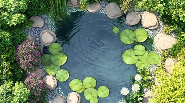 Fototapeta A serene pond surrounded by lush greenery and blooming flowers, creating a tranquil oasis perfect for relaxation.