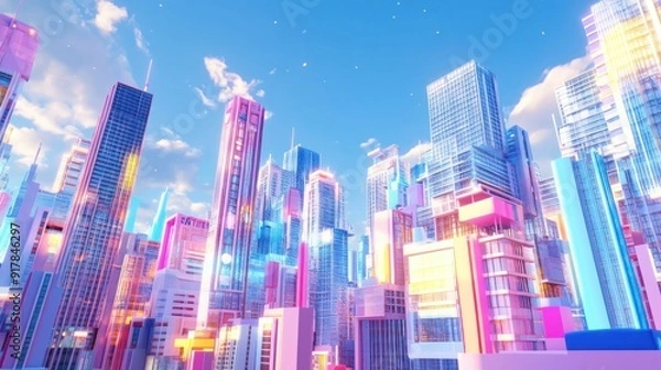 Fototapeta Colorful Cityscape with Glassy Skyscrapers and Blue Sky