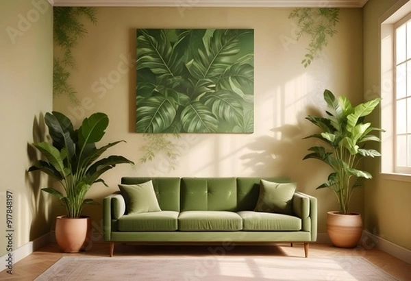 Fototapeta A living room with a couch coffee table and a television
