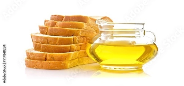 Fototapeta A stack of white bread slices beside a glass jar of honey.  The image is isolated against a white background.