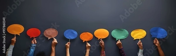 Obraz Diverse hands holding colorful speech bubbles on a dark background. Concept of communication, dialogue, and multiculturalism.