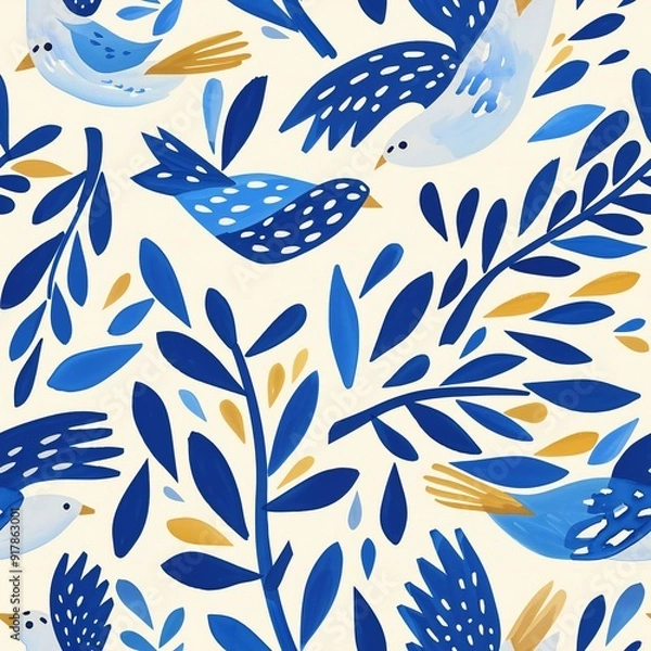 Obraz seamless pattern with birds, blue on white