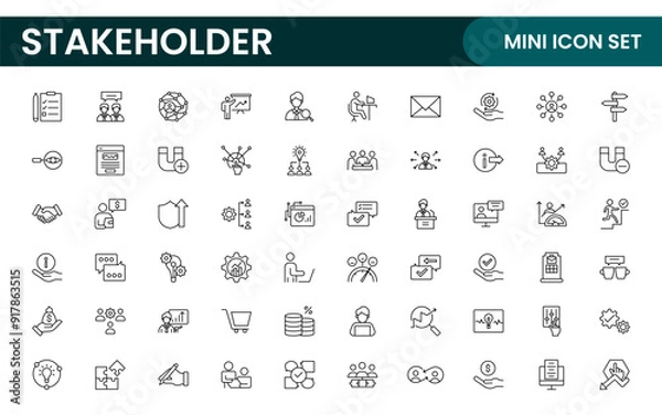 Fototapeta Stakeholder outline icons set. Business, teamwork, trade unions, suppliers, government, customers, creditors, community, investors and partners.