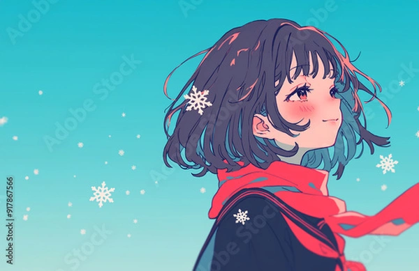 Fototapeta 冬の空を見上げる女子高生　AI生成画像