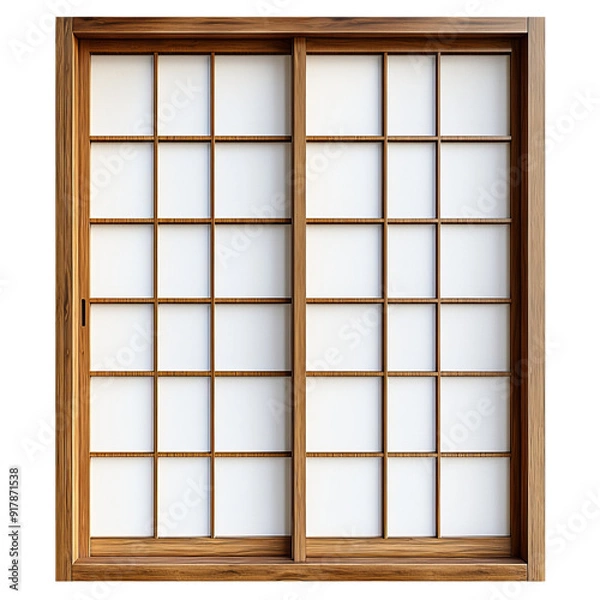 Fototapeta Traditional Japanese shoji door with wooden frame and rice paper panels on a transparent background clipart isolate