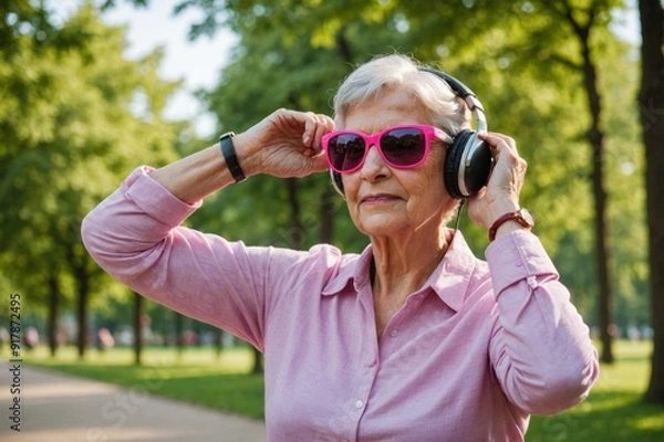 Fototapeta Cool grandmother with pink sunglasses and headphones stretching in the park