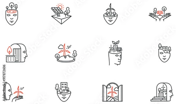 Fototapeta Vector Set of Linear Icons Related to Vitality City, Smart Sustainable Urbanism, Harmony of Man with Nature. Mono line pictograms and infographics design elements