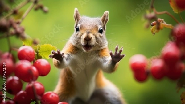 Fototapeta photograph of a squirrel playfully juggling berries
