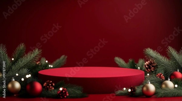 Fototapeta A snowy Christmas-themed podium with a red velvet surface, surrounded by pine branches, ornaments, and twinkling fairy lights 