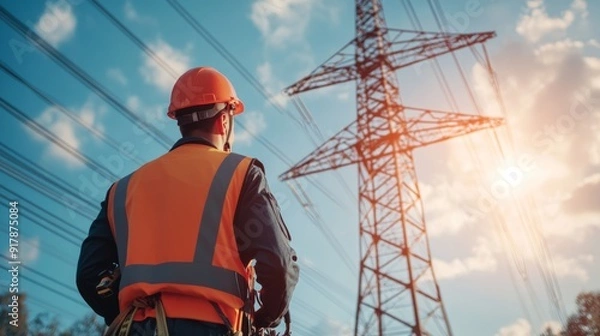 Fototapeta Engineer wearing safety uniform and helmet working at High-voltage tower.