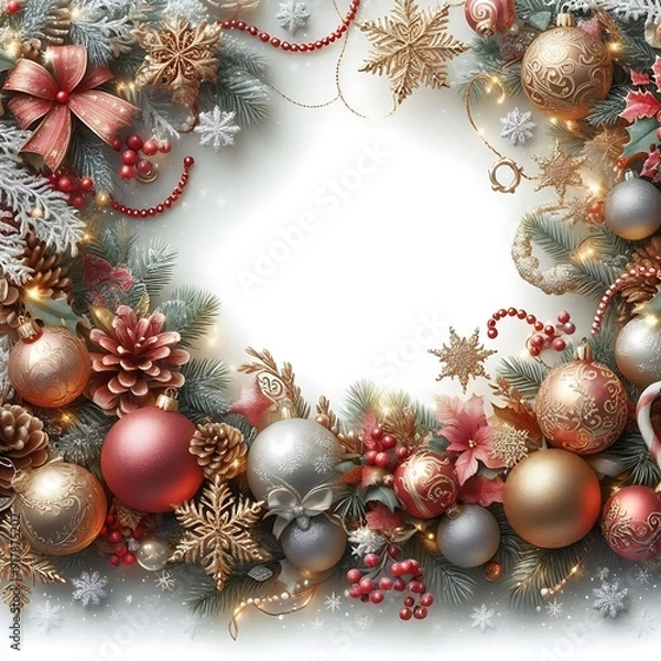 Fototapeta Vector Christmas Pine Fluffy Wreath with Silk Red Bow isolated on white background
