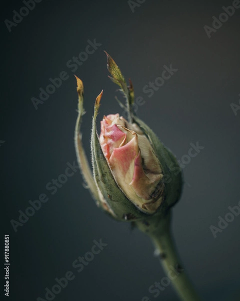 Fototapeta a close-up vertical view of a rosebud. The bud is in the early stage of blooming, with the petals still tightly wrapped. 