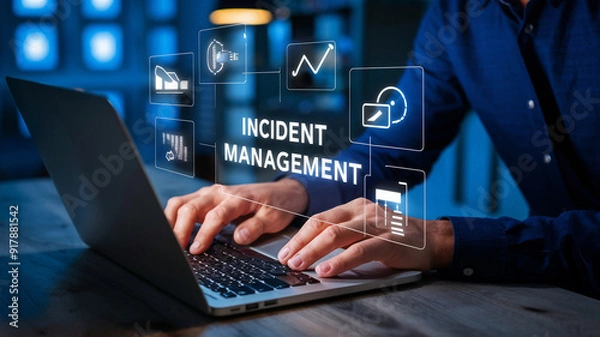 Fototapeta Incident Management in business tech involves swiftly diagnosing and resolving unexpected issues. A businessman uses a laptop with a virtual incident management icon.