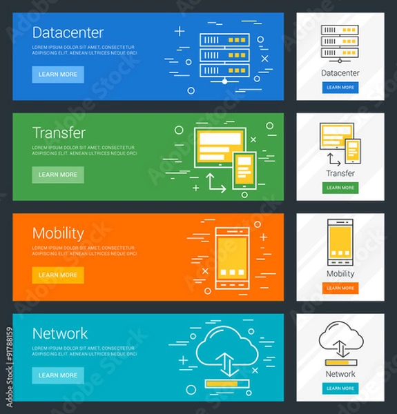 Obraz Datacenter. Transfer. Mobility. Network. Flat Design Concept. Set of Vector Web Banners
