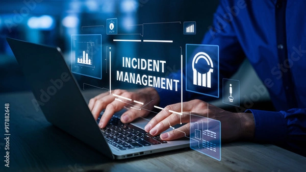 Fototapeta Incident Management in business tech involves swiftly diagnosing and resolving unexpected issues. A businessman uses a laptop with a virtual incident management icon.