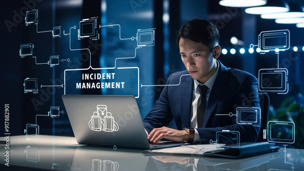 Fototapeta Incident Management in business tech involves swiftly diagnosing and resolving unexpected issues. A businessman uses a laptop with a virtual incident management icon.