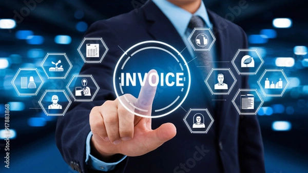 Fototapeta The concept of Invoice and Online Digital Statements involves a businessman interacting with a virtual screen displaying invoice icons, streamlining billing and payment processes.