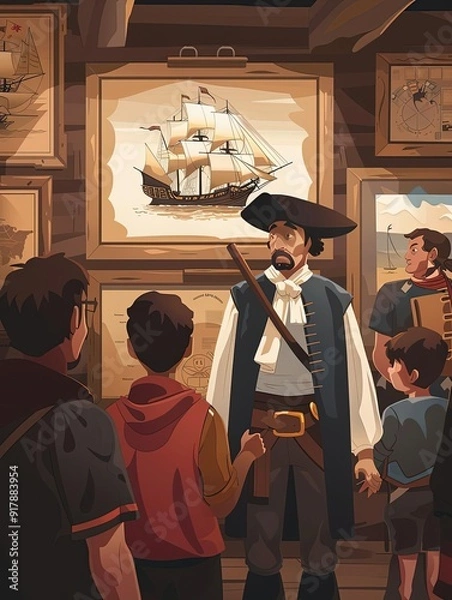 Fototapeta Interactive Columbus Day exhibit, museum setting, flat design illustration