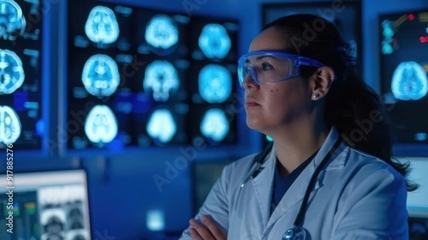 Fototapeta Scientist in blue-lit lab with digital brain models, Alzheimer s research, High-tech advancements in cognitive studies
