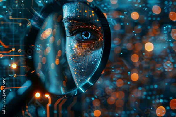Fototapeta The Know Your Customer (KYC) concept enhances financial security by using biometrics and identity verification systems. A person uses a magnifying glass to access and protect personal financial data.