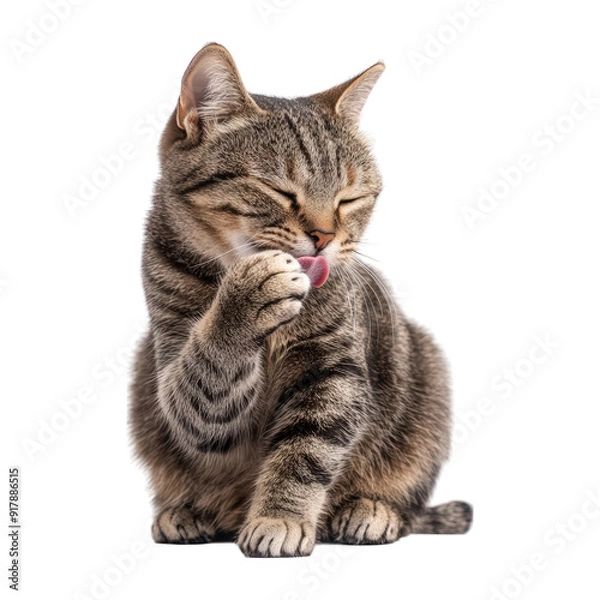 Obraz Cat Licking Paw After Eating On Transparent Png Background For Post-Meal Satisfaction . Generative ai