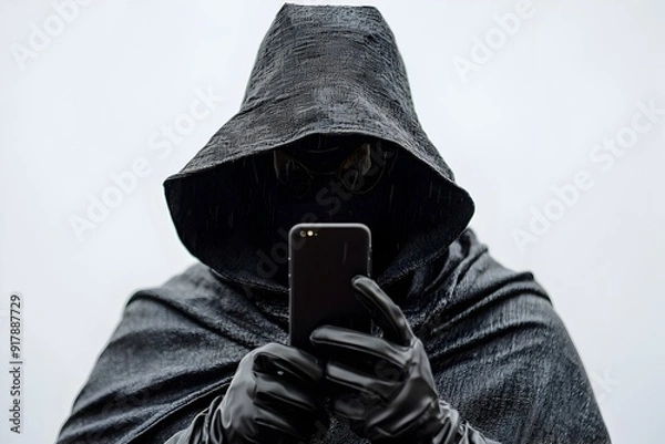 Fototapeta Hooded Figure Using Mobile Phone in Secretive Manner