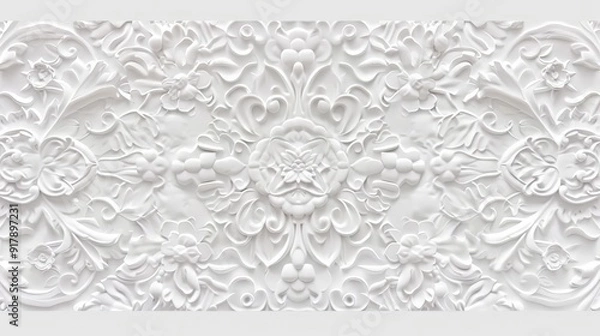 Fototapeta White 3D Floral Pattern Texture Background.