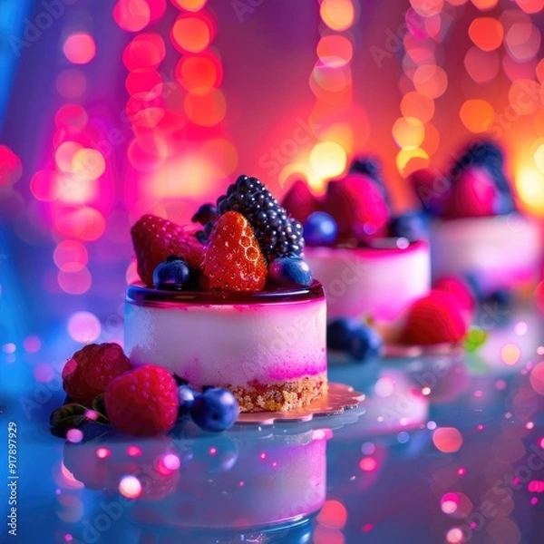 Fototapeta Vibrant Gourmet Berry Cheesecakes with Colorful Bokeh Background